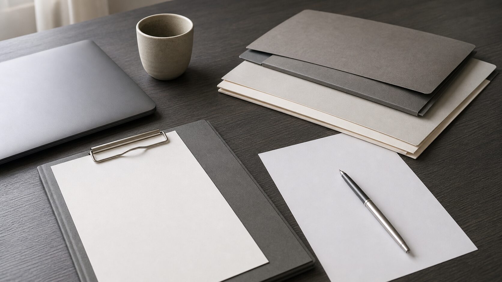 Unbranded analyst desk with blank folders, blank paper, a closed laptop, a ceramic cup and a pen under soft light.