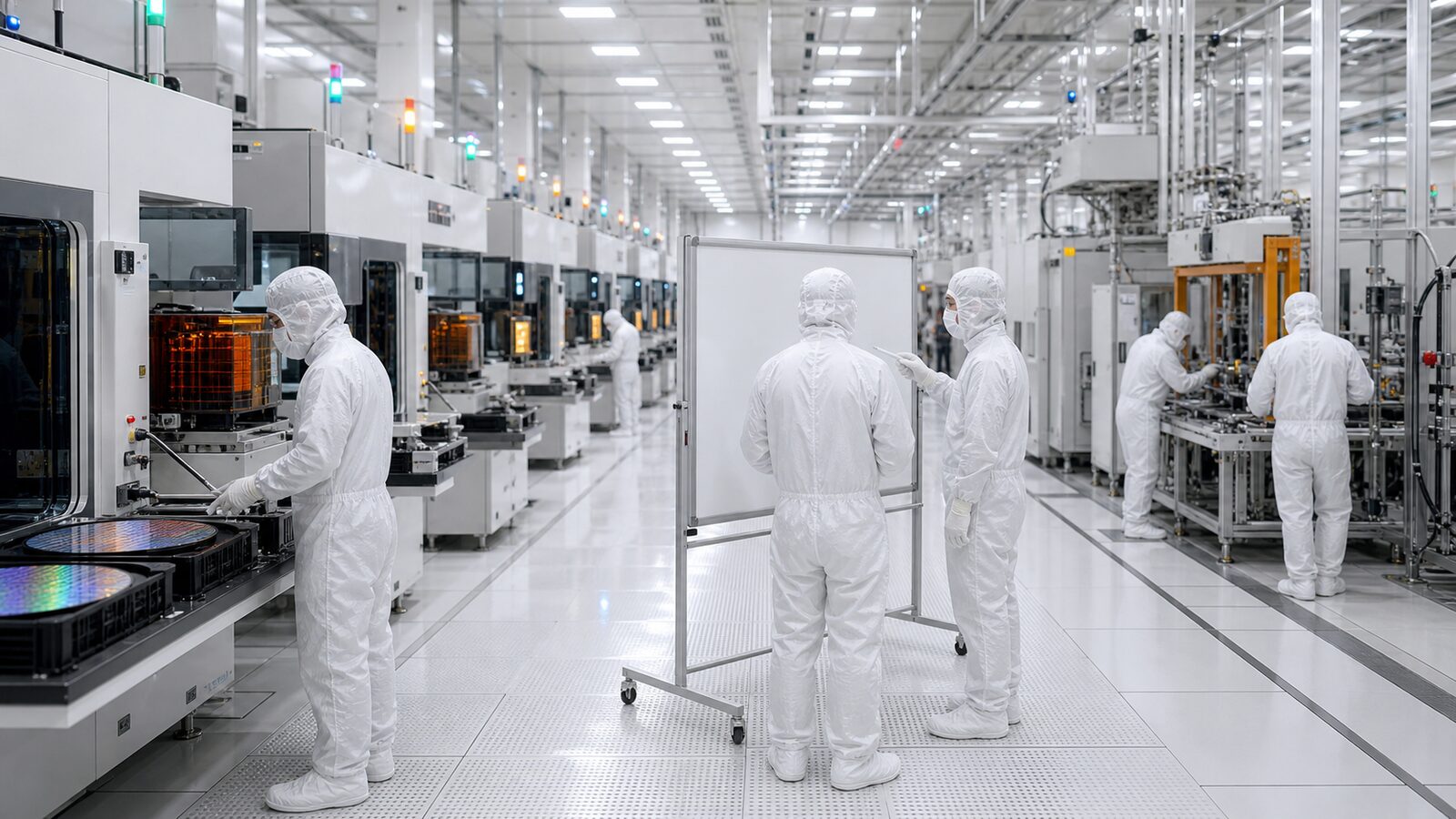 A cleanroom planning scene shows engineers preparing 300mm wafer tools with no visible logos or text.