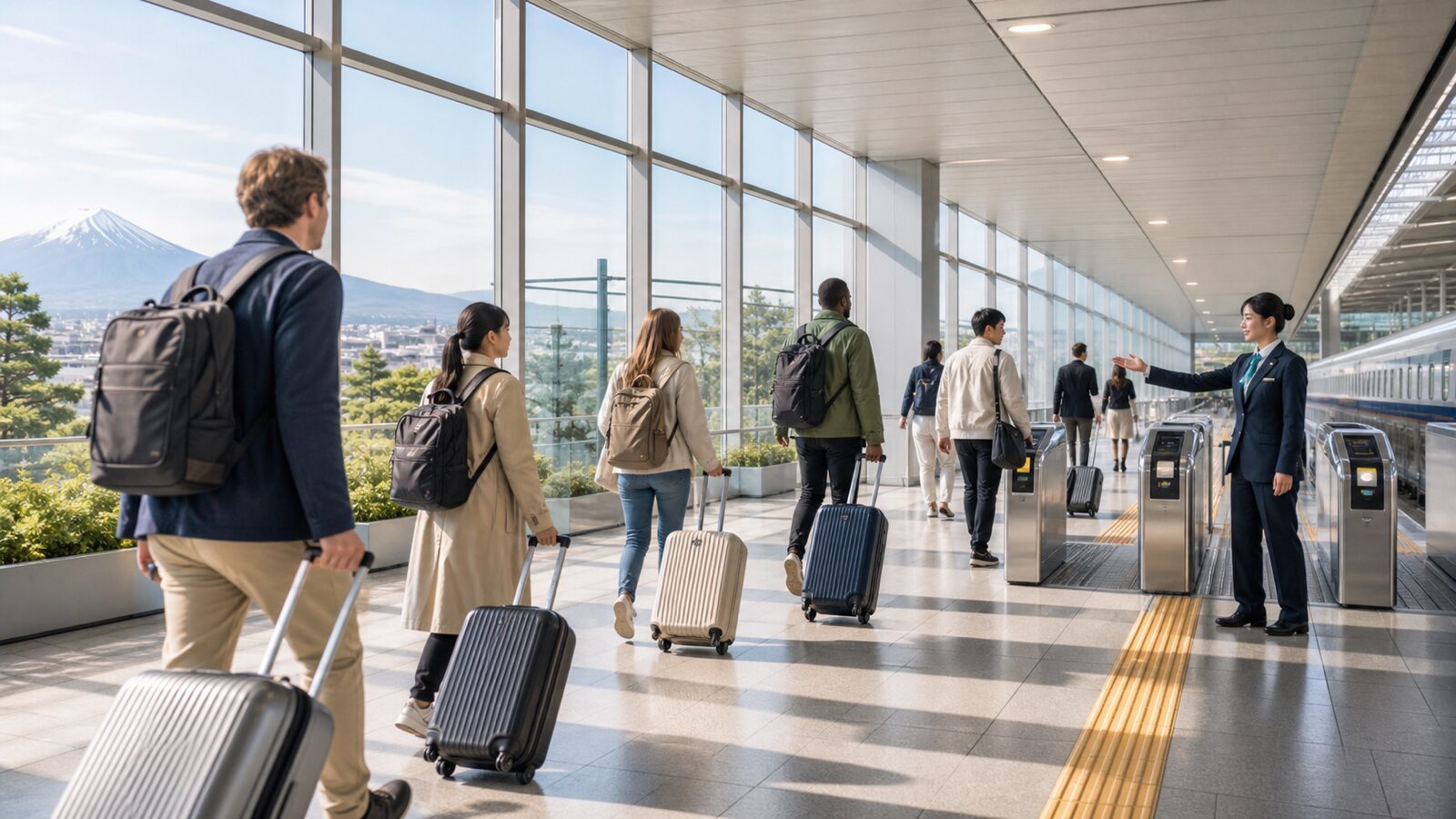 International travelers pass through a bright airport-to-rail corridor in Japan without visible branding.
