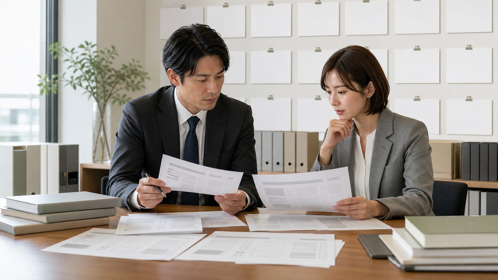 Two analysts compare anonymous blank survey forms in a research office.