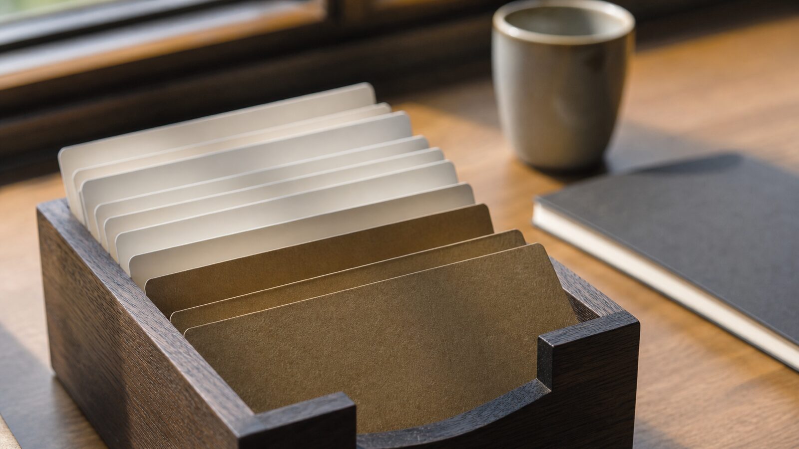 Blank paper dividers change color inside a wooden desk organizer beside a notebook and cup.