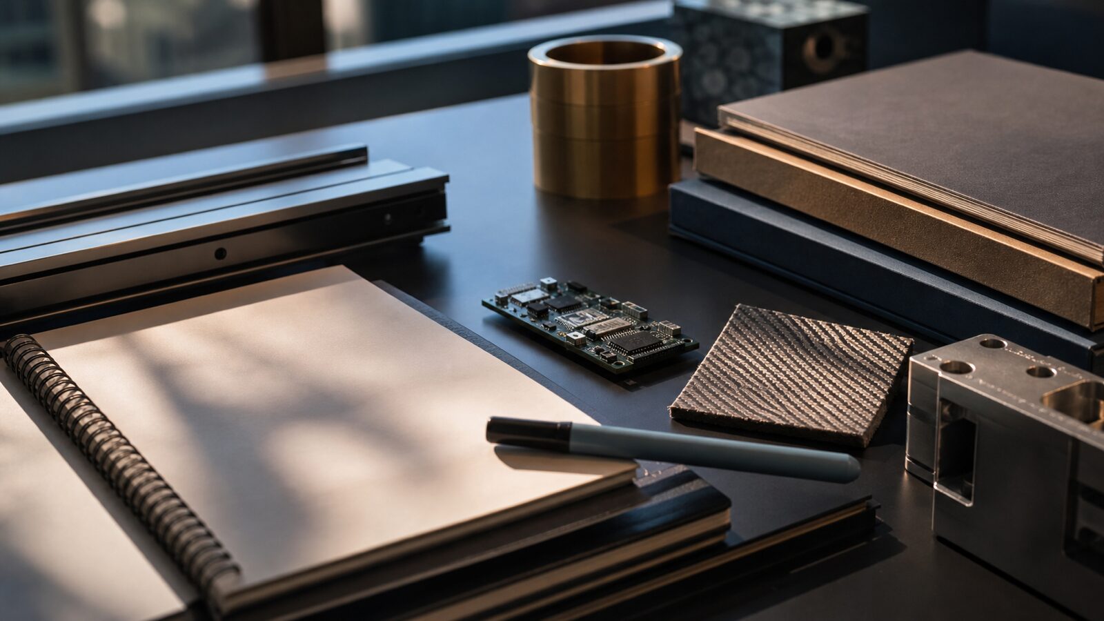 Conceptual editorial still life of capital allocation materials, research notebooks and technology components without readable text.
