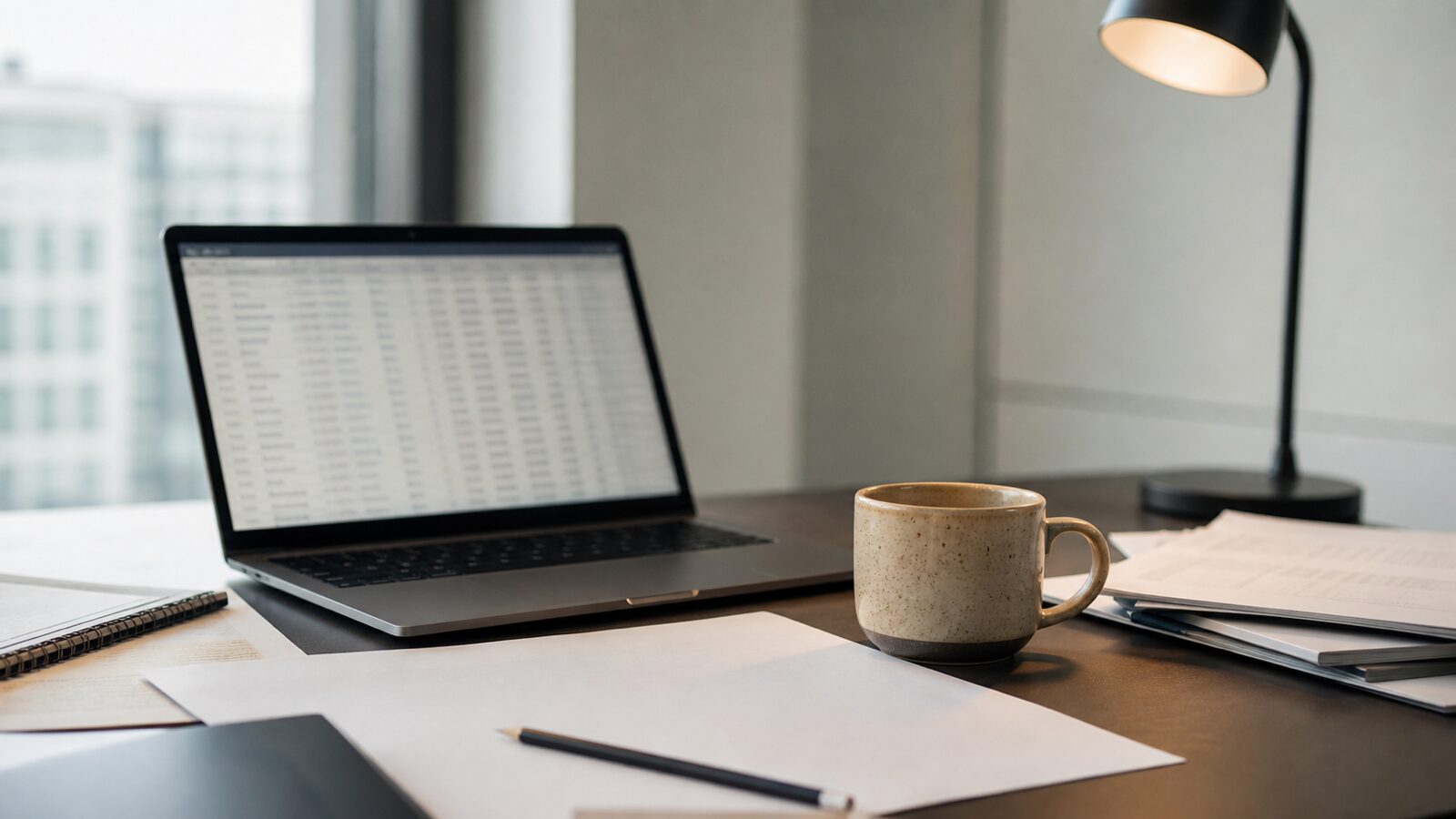 Analyst desk with a laptop showing indistinct spreadsheet rows, blank papers and a ceramic coffee cup.