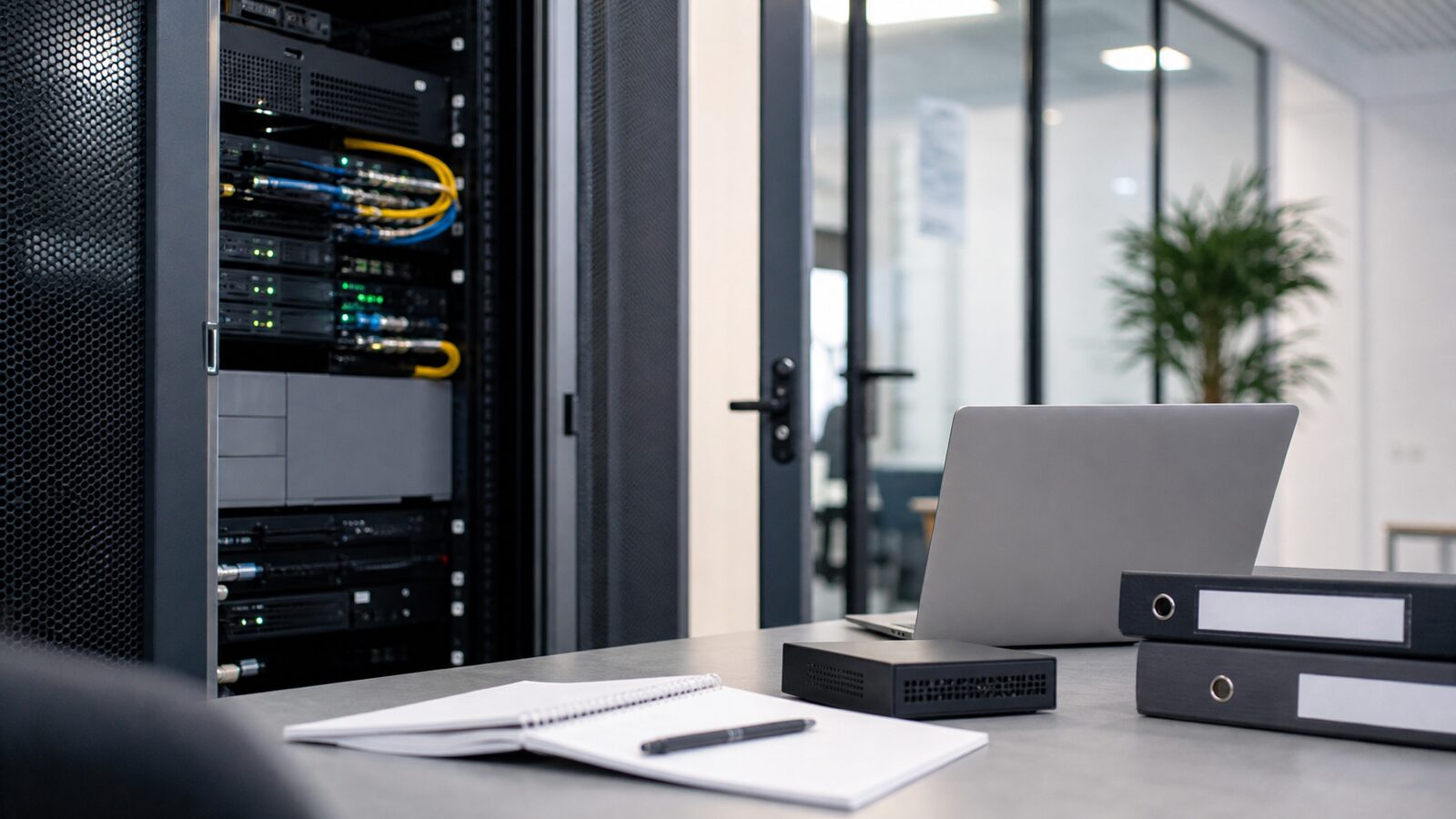 Unbranded data operations office with a server cabinet, a closed laptop, blank binders and a small network device.