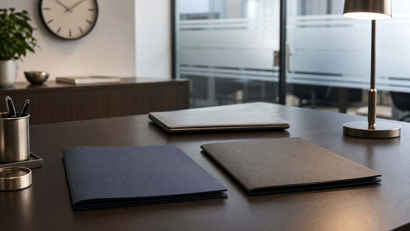 Financial office desk with two blank folders, a closed laptop and frosted meeting-room glass.