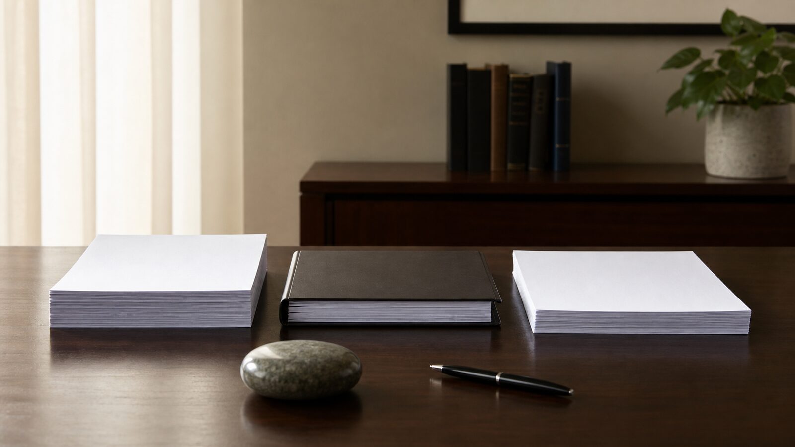 Two blank paper stacks and a closed binder on a finance office table