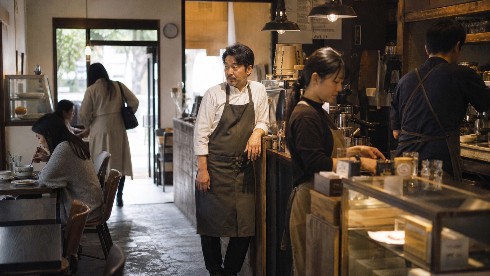 A small cafe manager watches the room while staff work and customers come and go.