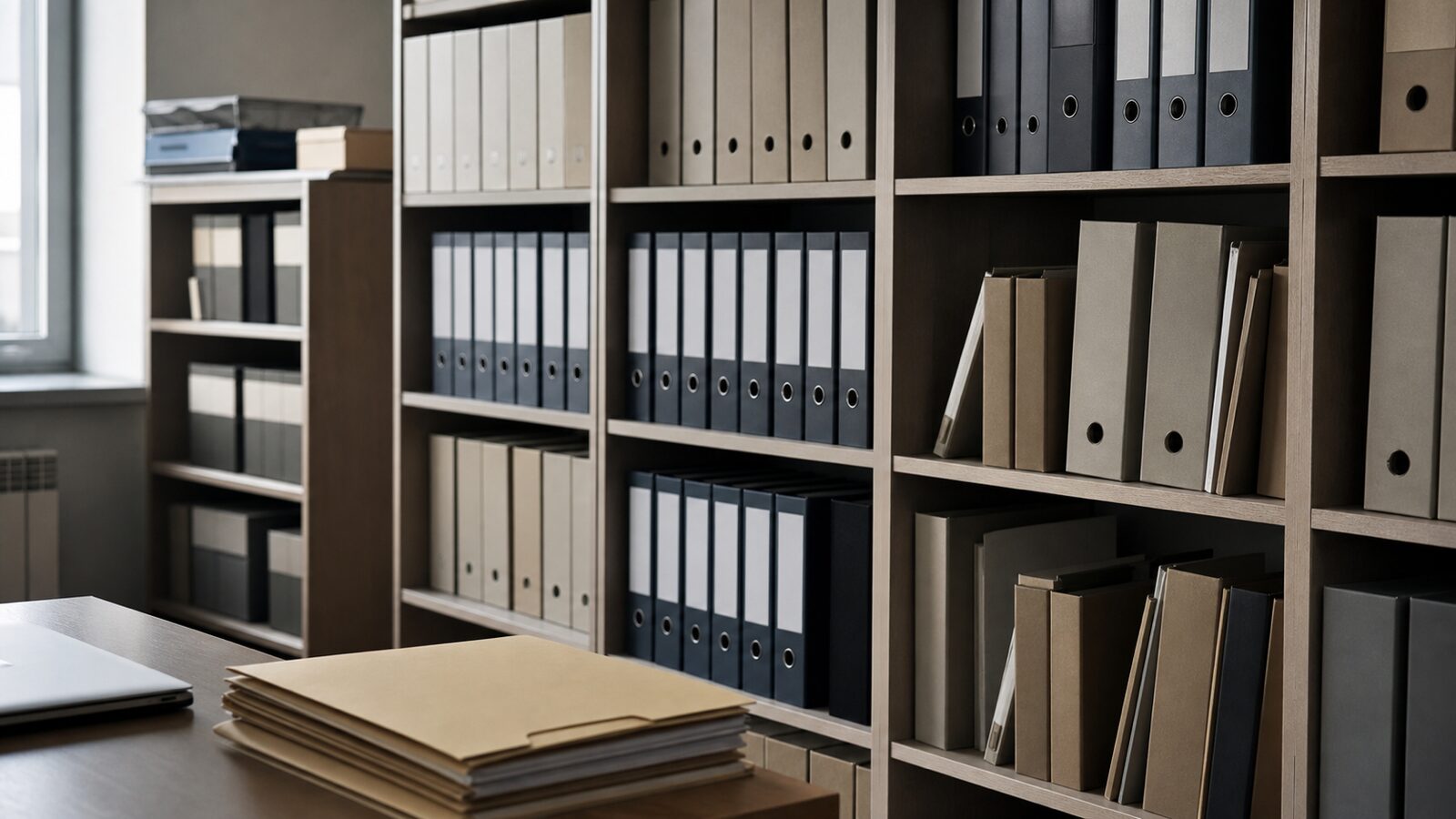 Plain archive binders and blank folders in a quiet research office