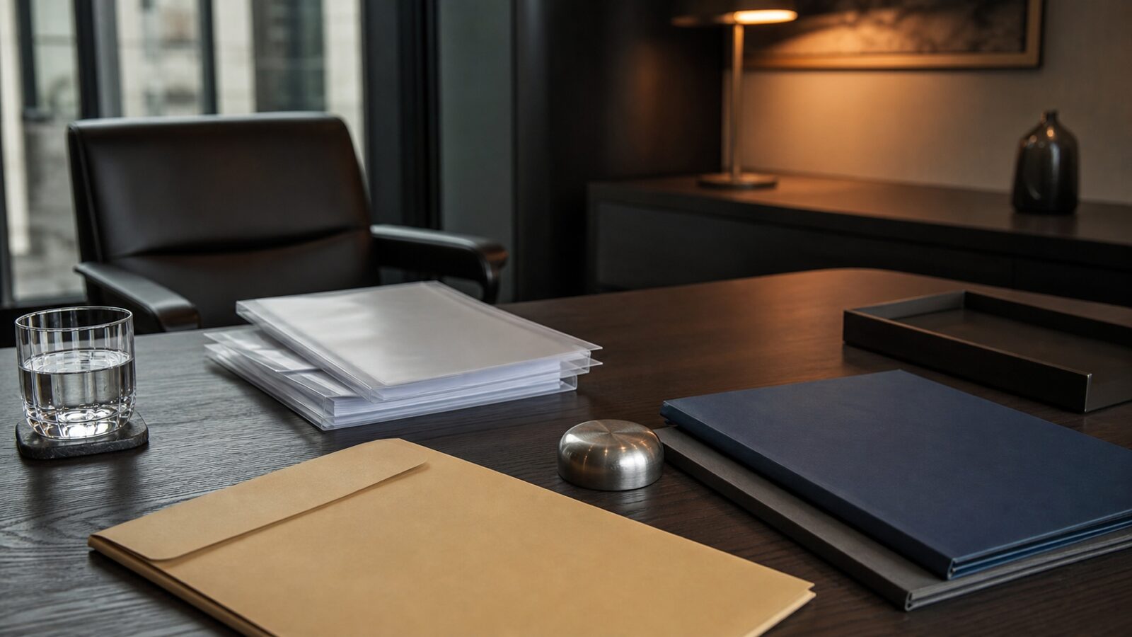 Fund-review desk with blank document sleeves, plain folders, an envelope and a metal paperweight.