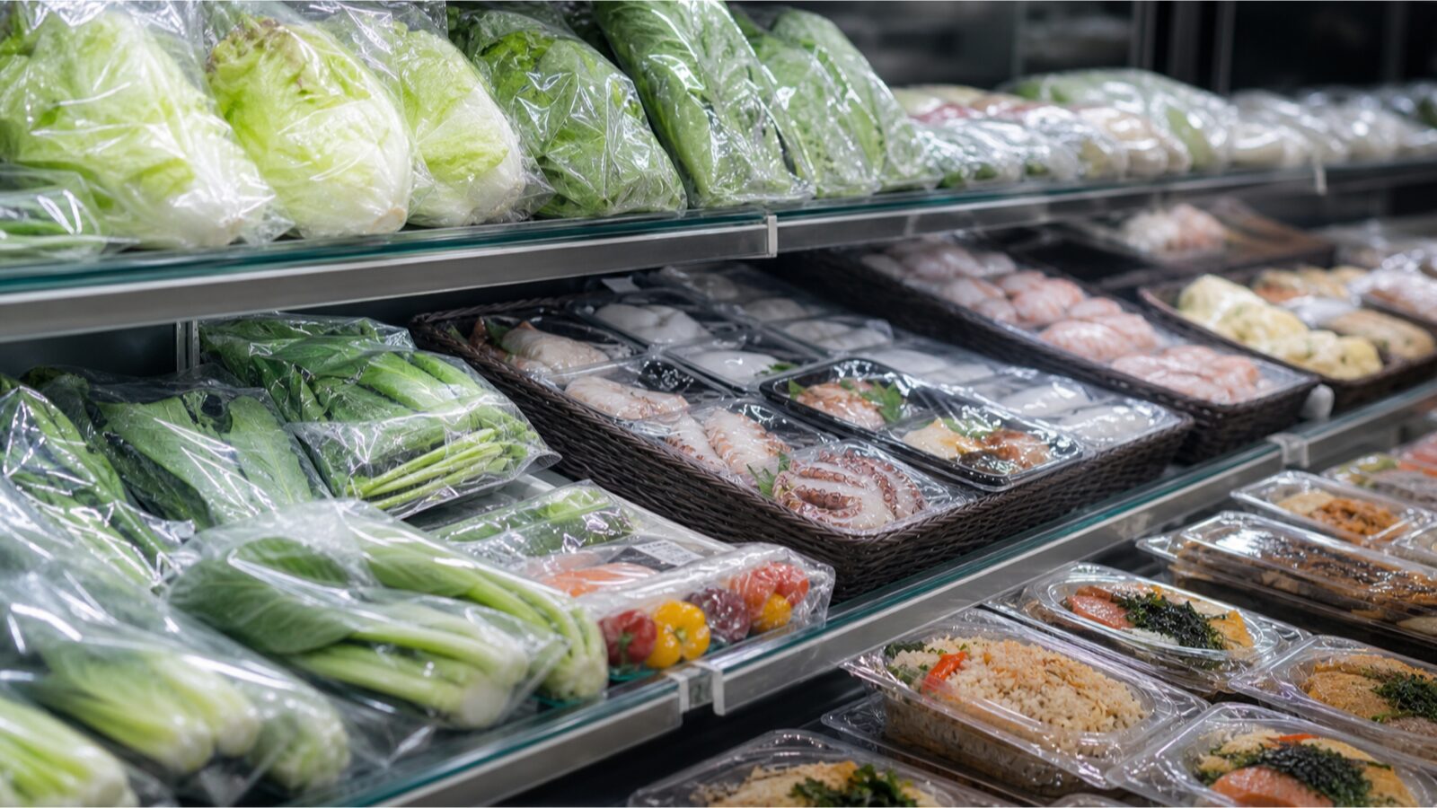 Close view of fresh produce and prepared meal containers in an unbranded Japanese supermarket case.