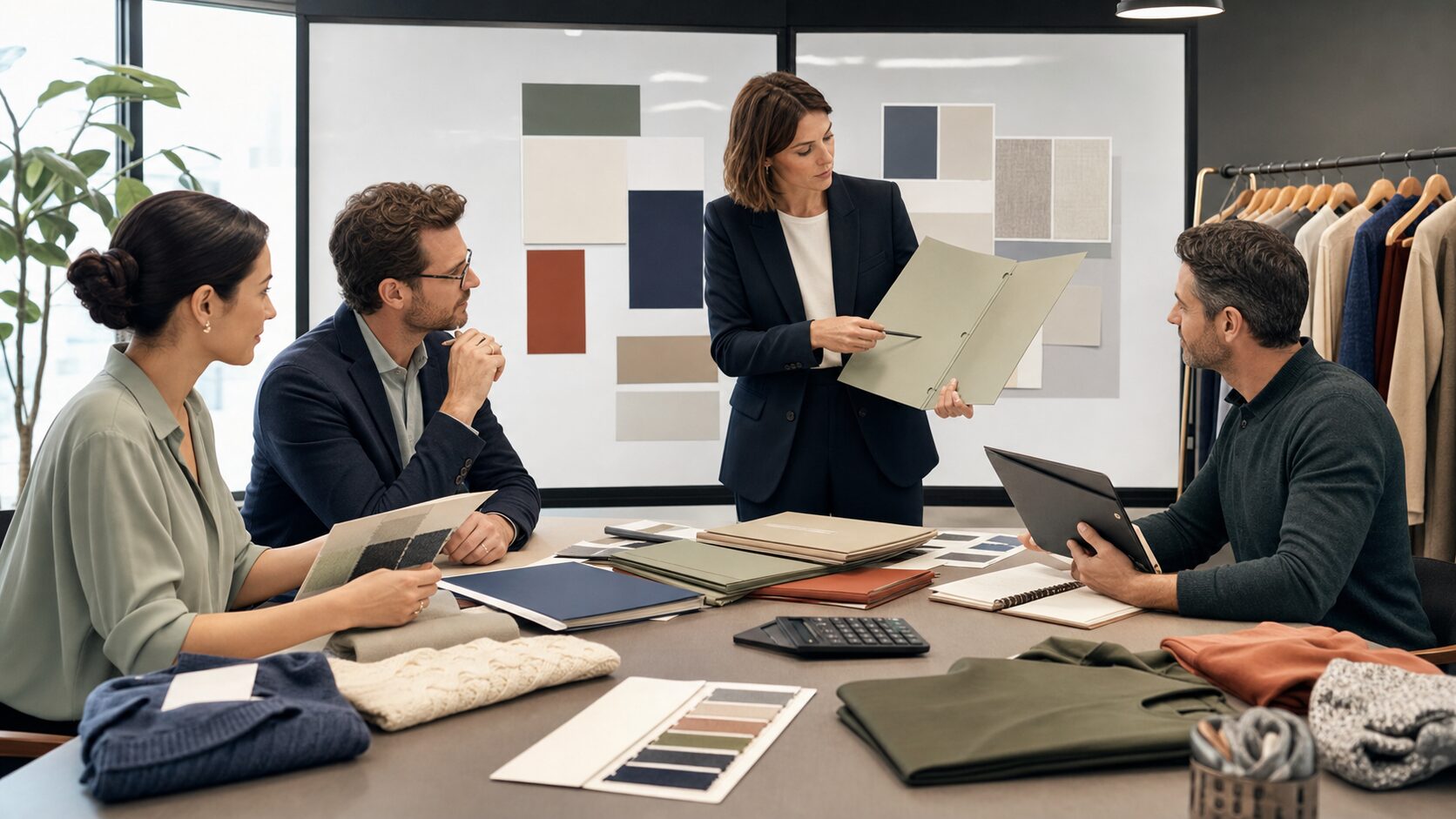 Retail finance staff compare forecast folders and clothing samples in a clean planning office with no readable text.