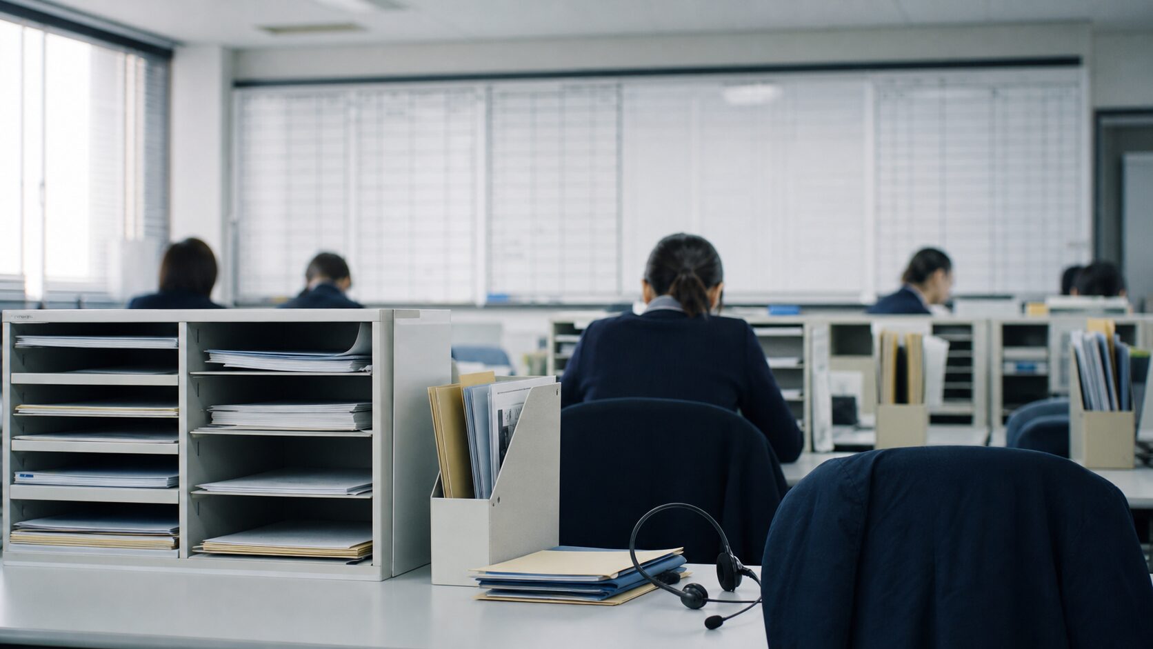 Quiet unbranded service operations room with paper cubbies, blank schedule boards, work folders and a headset.