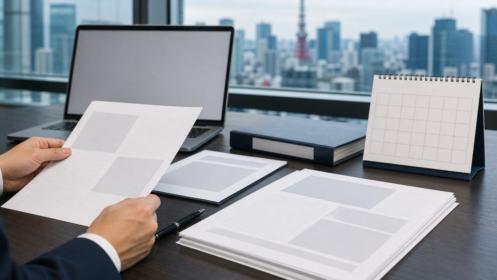 Anonymous exchange listing documents and a calendar are reviewed on a clean financial desk.