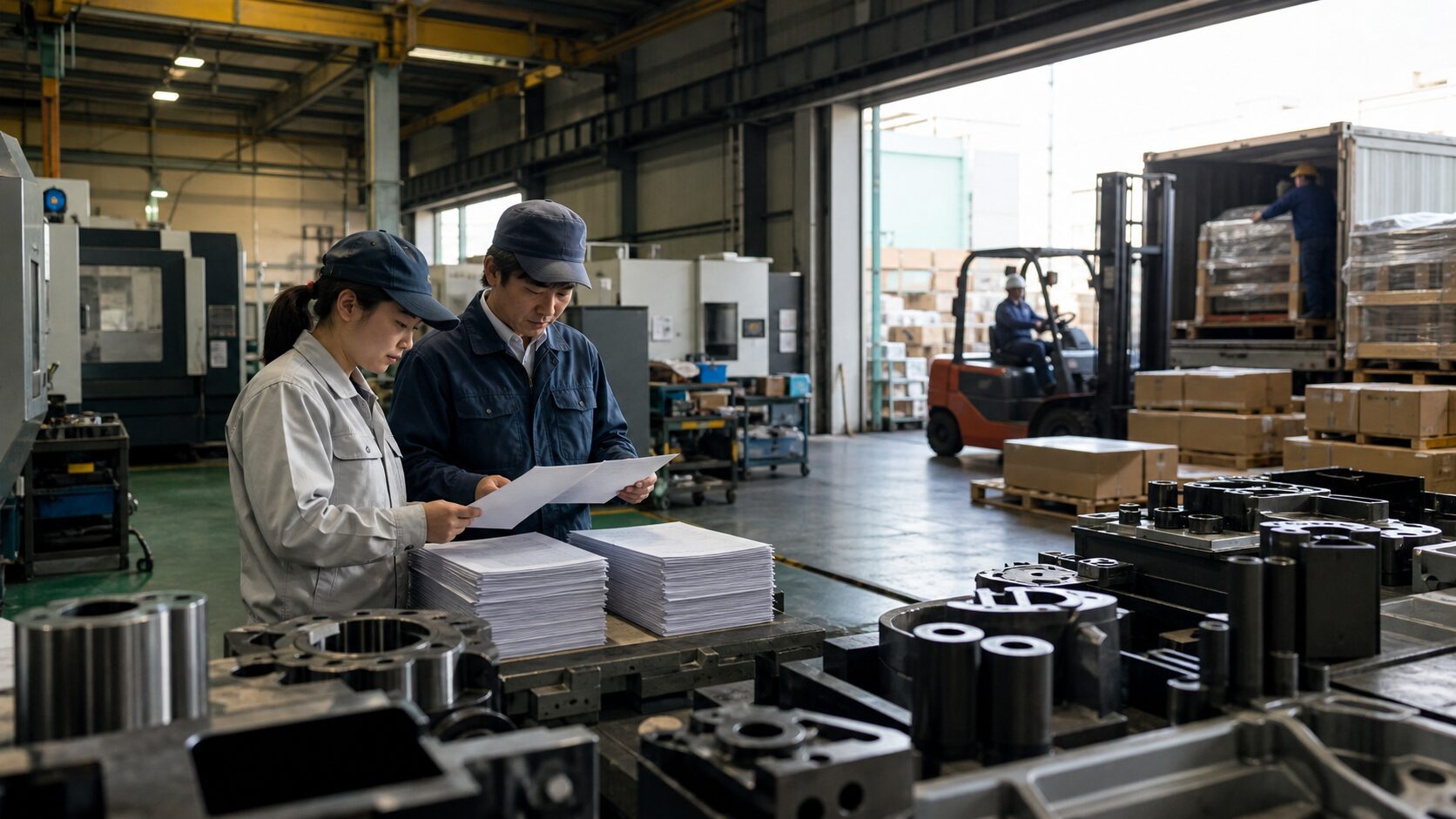 Factory staff review order documents while machinery parts and shipments move through a Japanese plant.