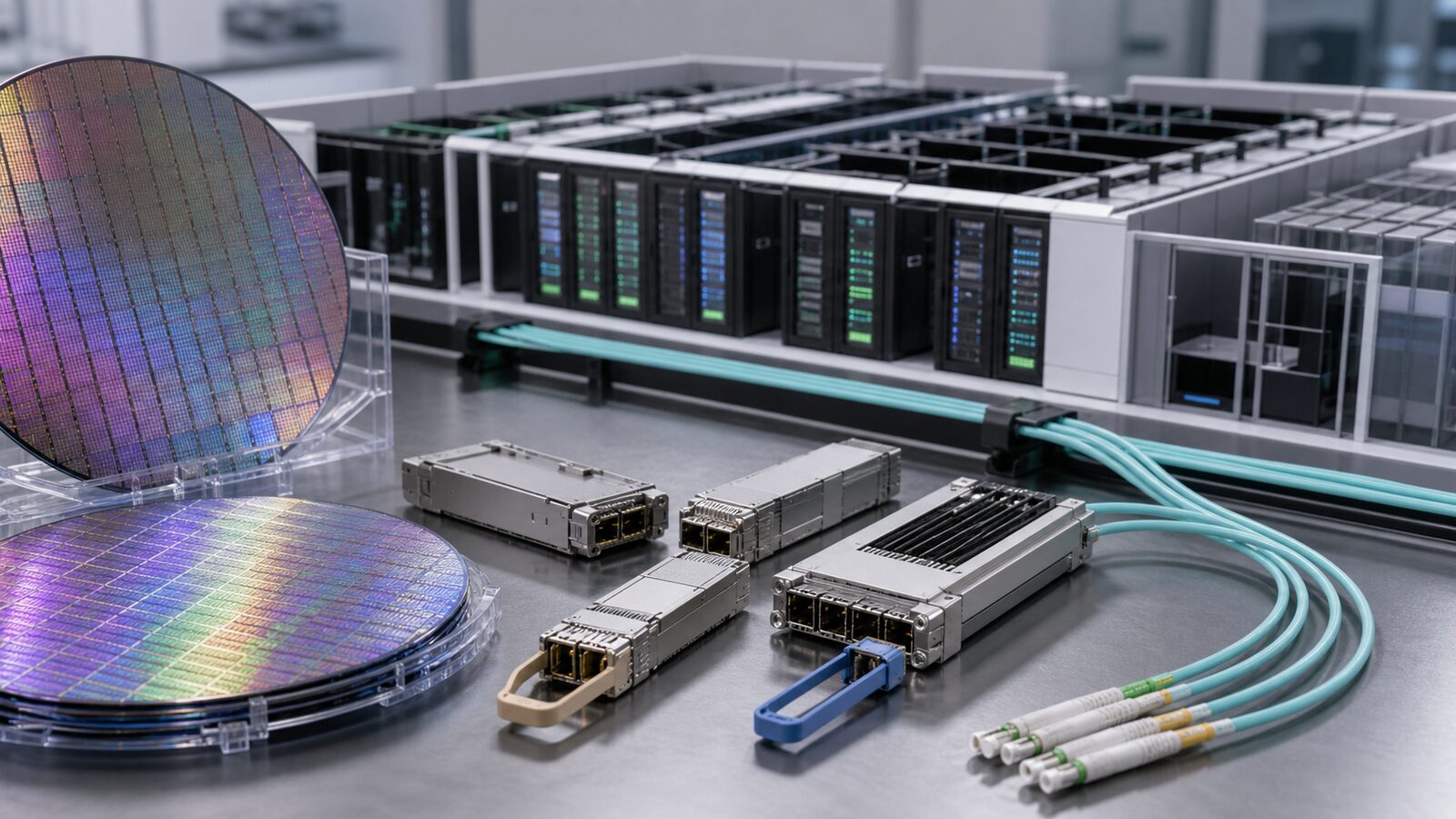 Optical interconnect modules and wafers sit beside a neutral data-center infrastructure model.