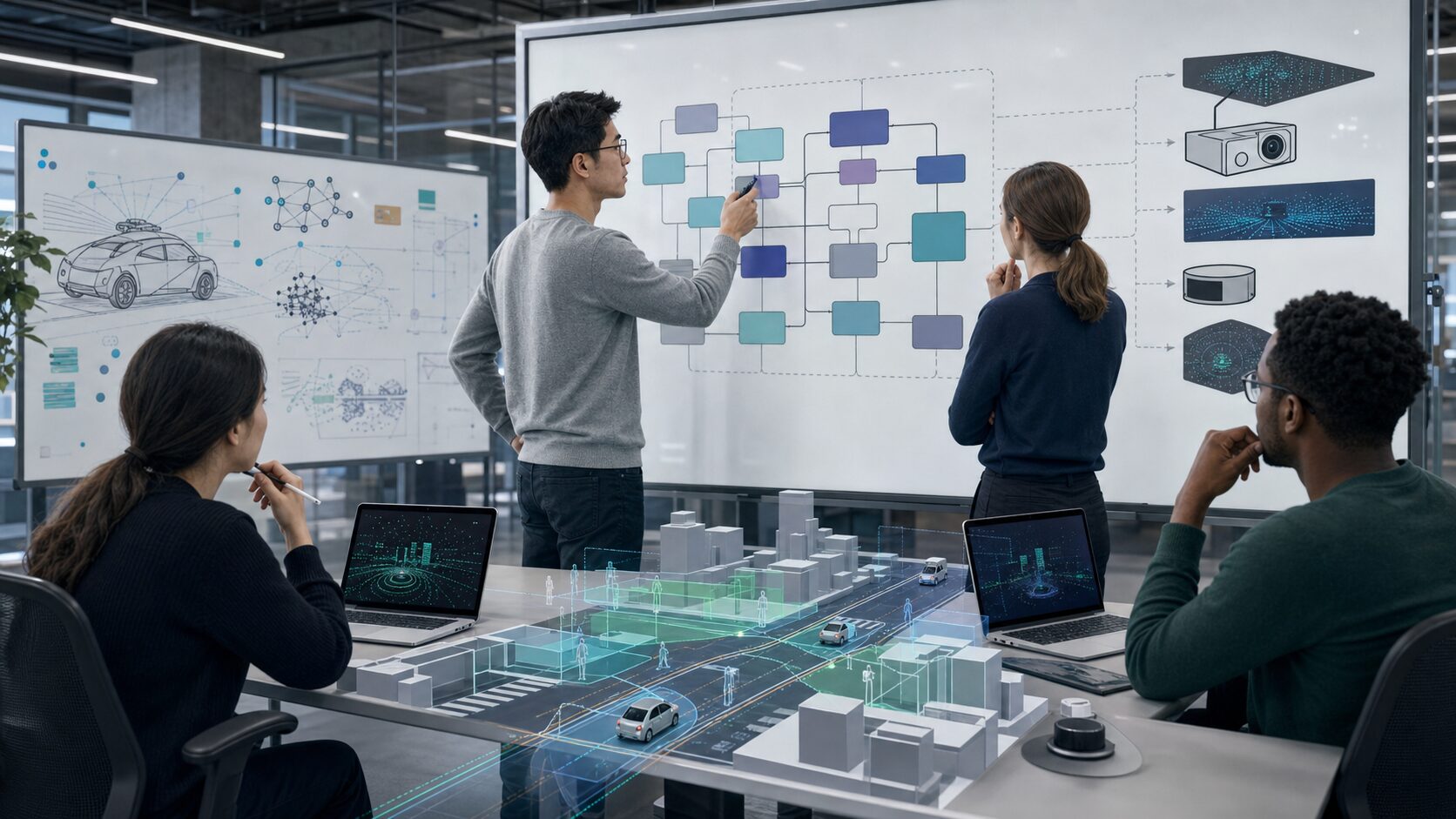 Developers collaborate around abstract autonomous-driving code modules and city mobility sketches.