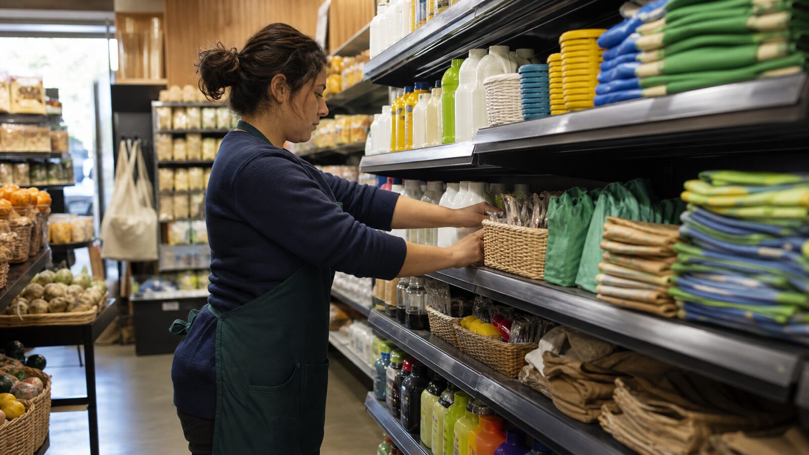 A supermarket employee rearranges shelf space among ordinary household categories.
