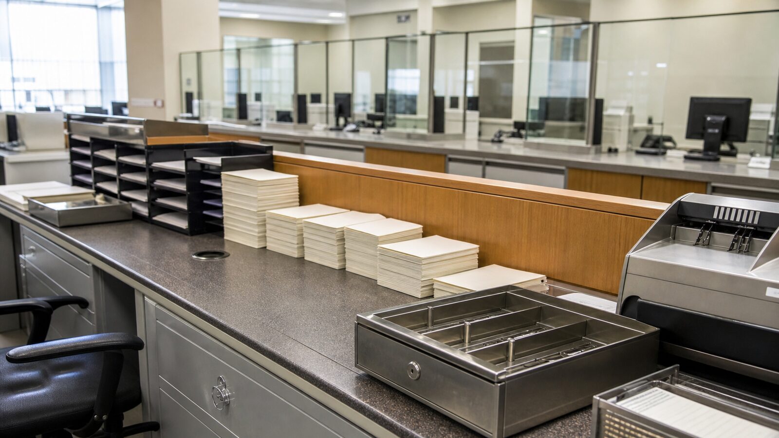 Unbranded bank operations counter with document trays, blank booklets and teller stations behind glass.