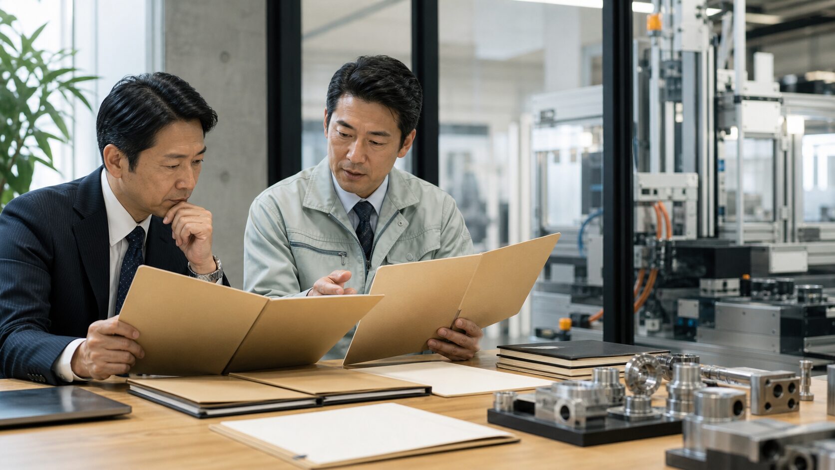 A finance manager and factory engineer review blank investment proposal folders beside precision equipment.