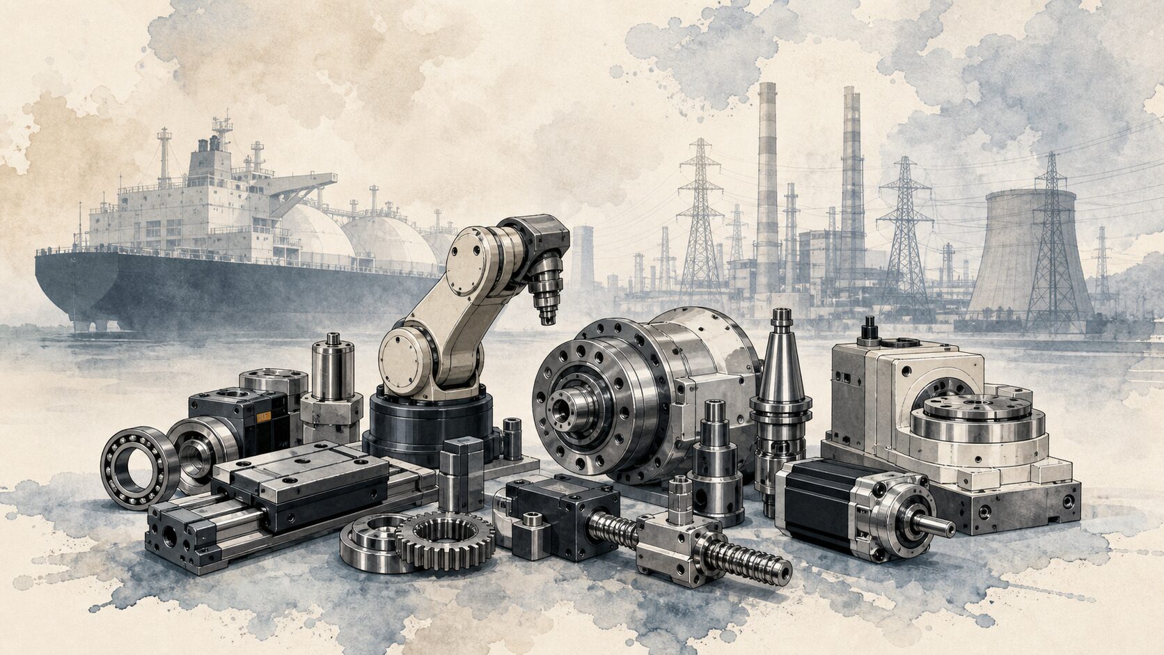 Precision machinery components sit before distant shipping and power infrastructure.