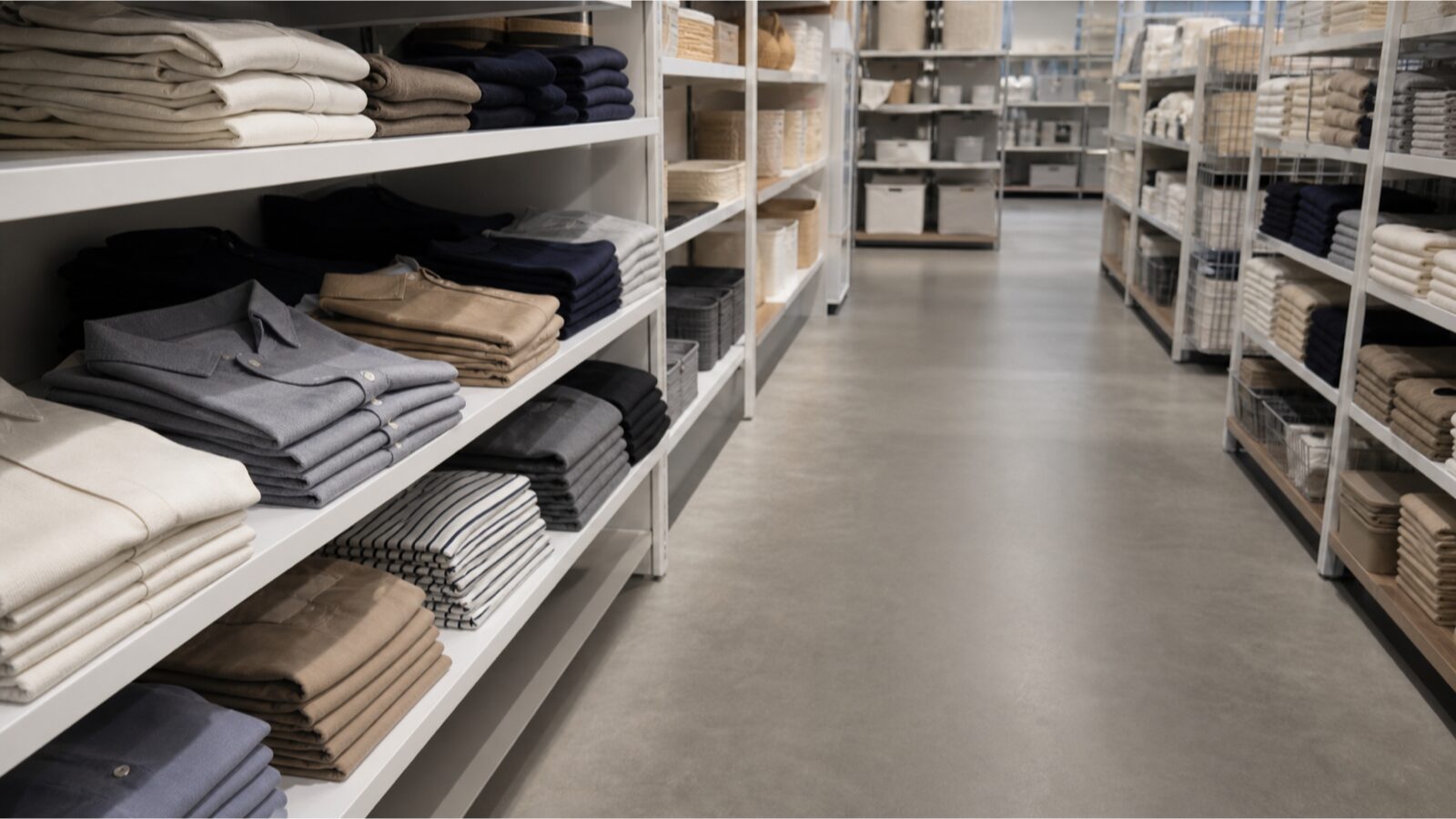 Quiet apparel and household-goods shelving in a large unbranded retail store, with no readable labels.