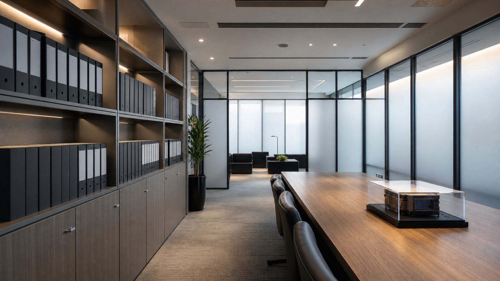Quiet office archive room with blank binders, frosted glass and a small unbranded prototype case on a meeting table.