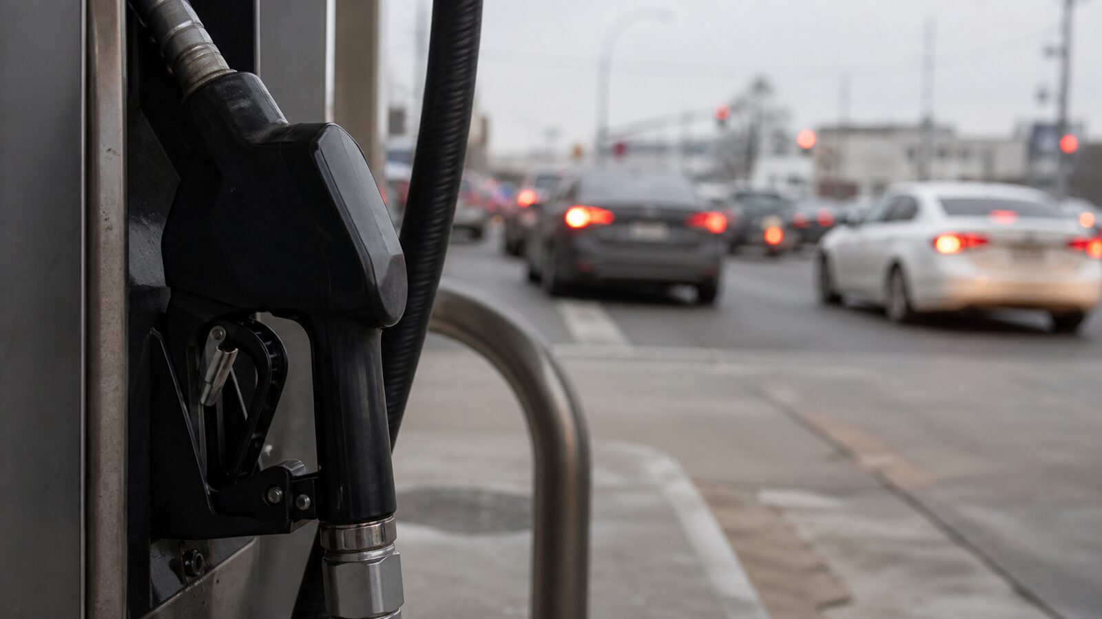 Close view of an unbranded fuel pump handle and blurred city traffic under overcast daylight.