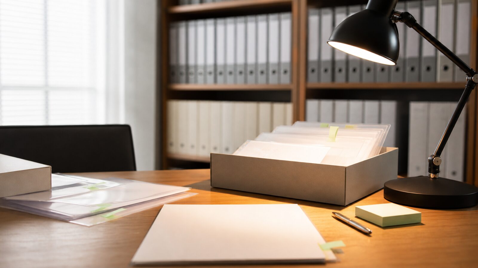 Archive-style research room with shelves of plain binders, blank page sleeves, sticky tabs and a desk lamp.