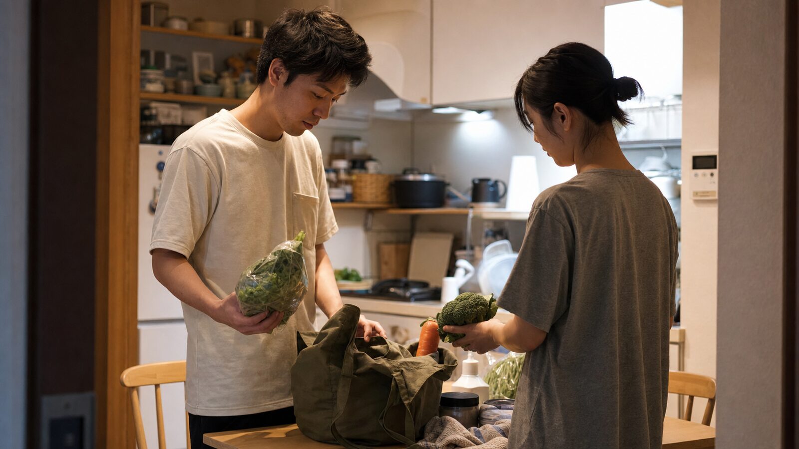 Two adults unpack a modest grocery shop in an ordinary apartment kitchen.