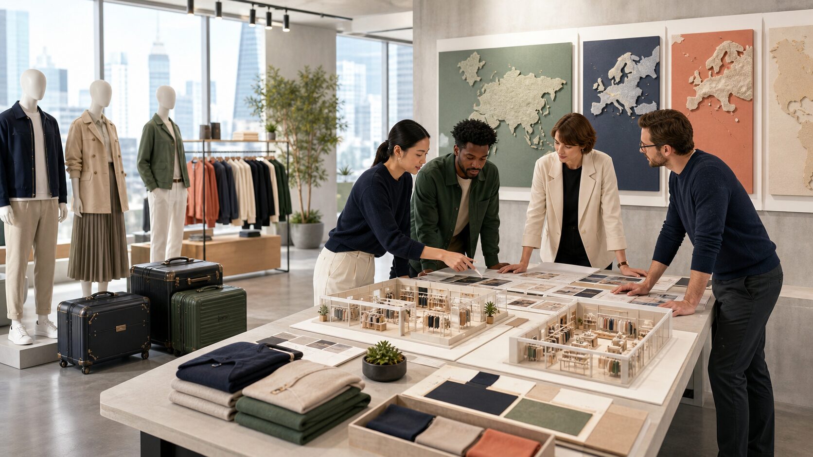 A global apparel store planning scene with mannequins, travel cases and regional design boards without text or logos.