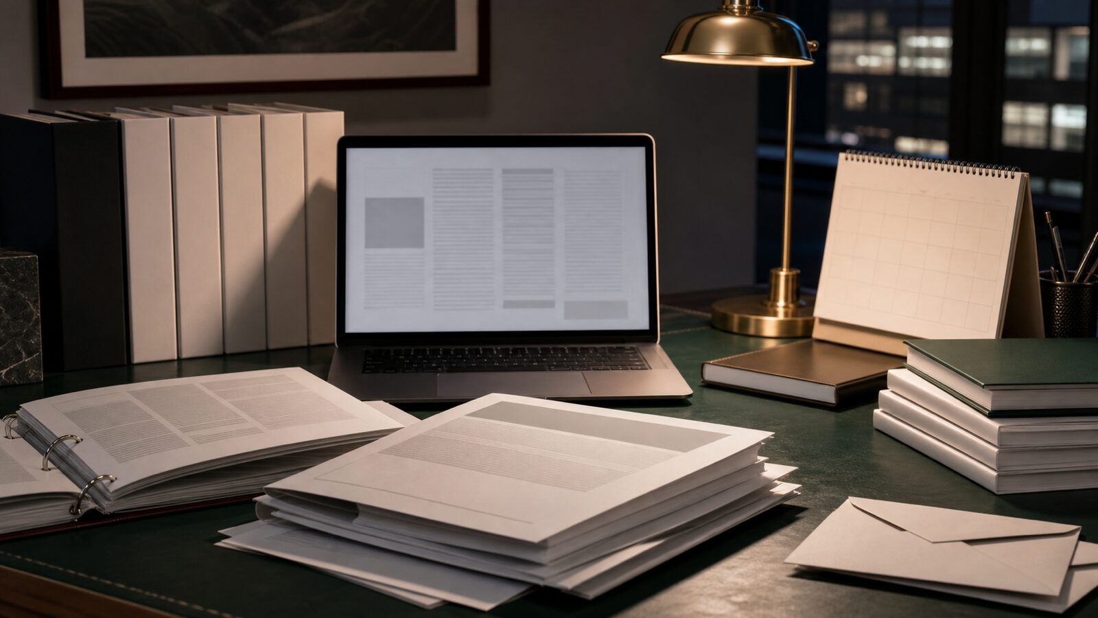 International investor desk with clean annual-report binders, voting materials and a laptop showing abstract unreadable pages.