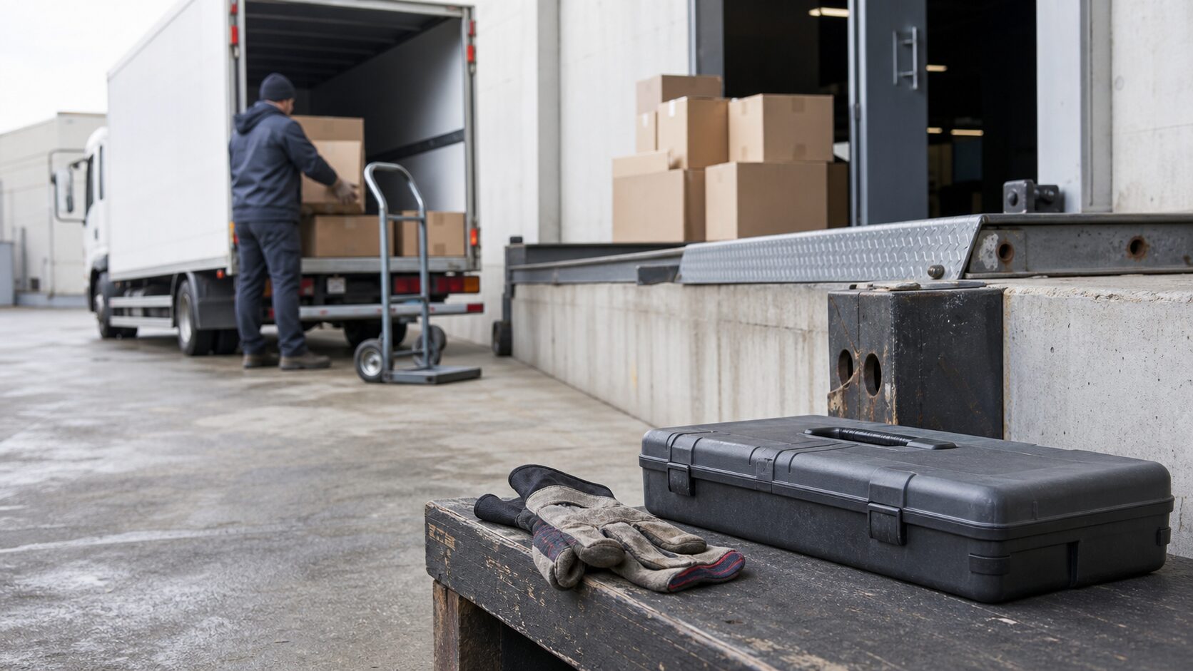 Unbranded loading bay with a plain delivery truck, unlabeled boxes, a maintenance tool case and work gloves.
