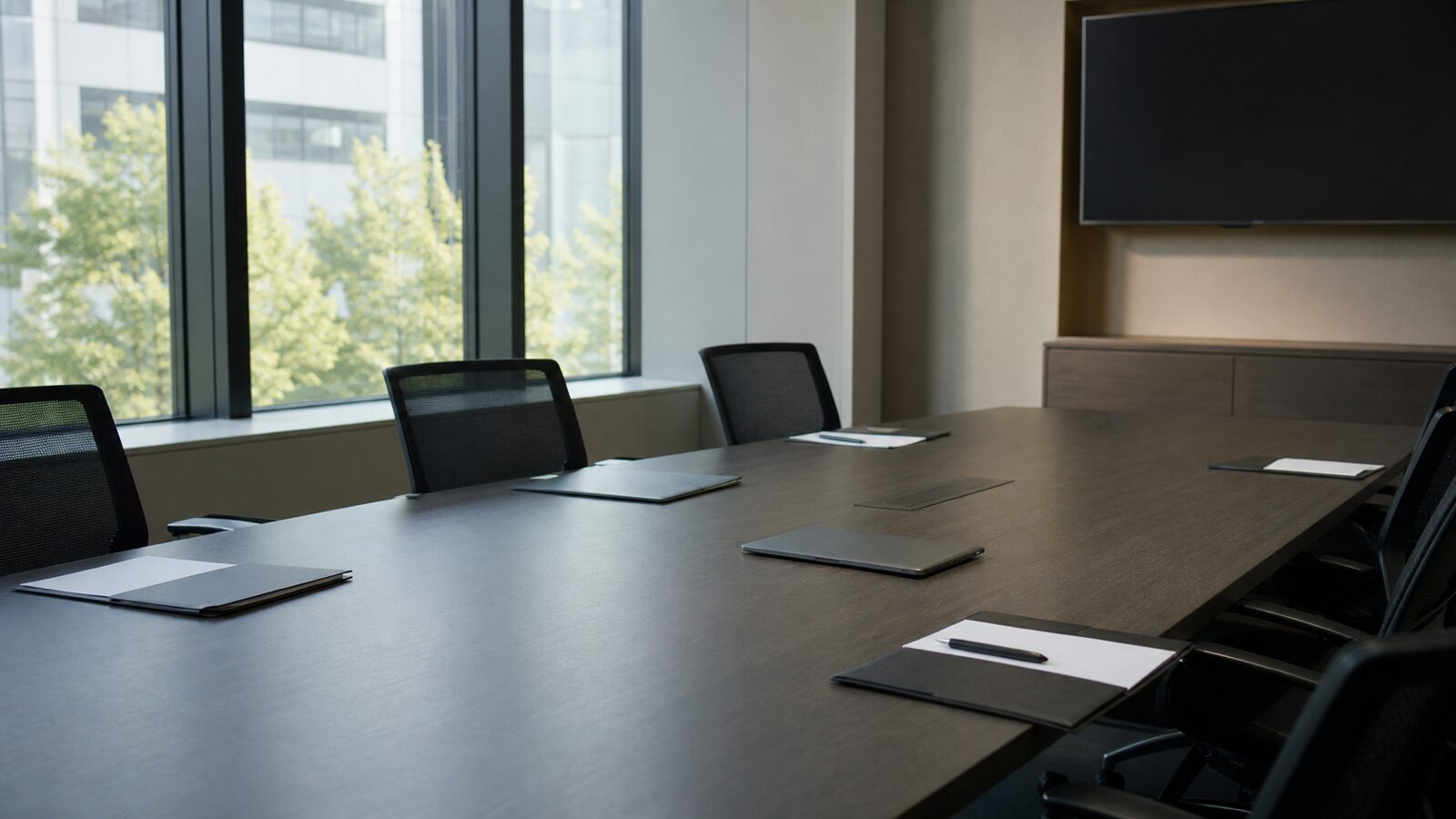 Blank folders and papers on an empty corporate meeting table