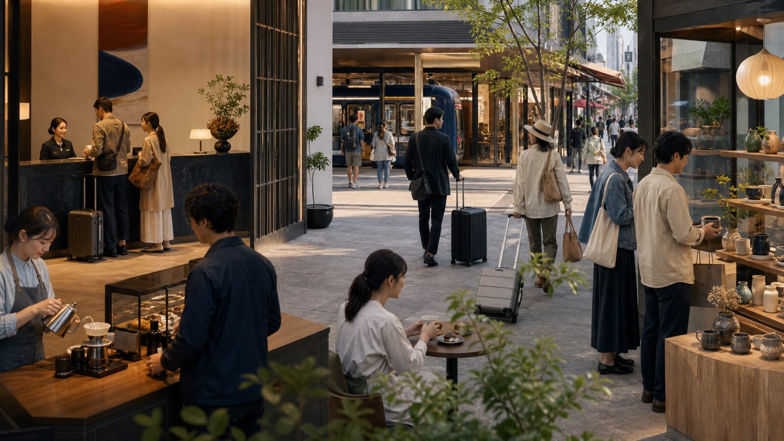Visitors and staff move between a hotel, cafe, transit stop and shopping street in a Japanese tourism district.