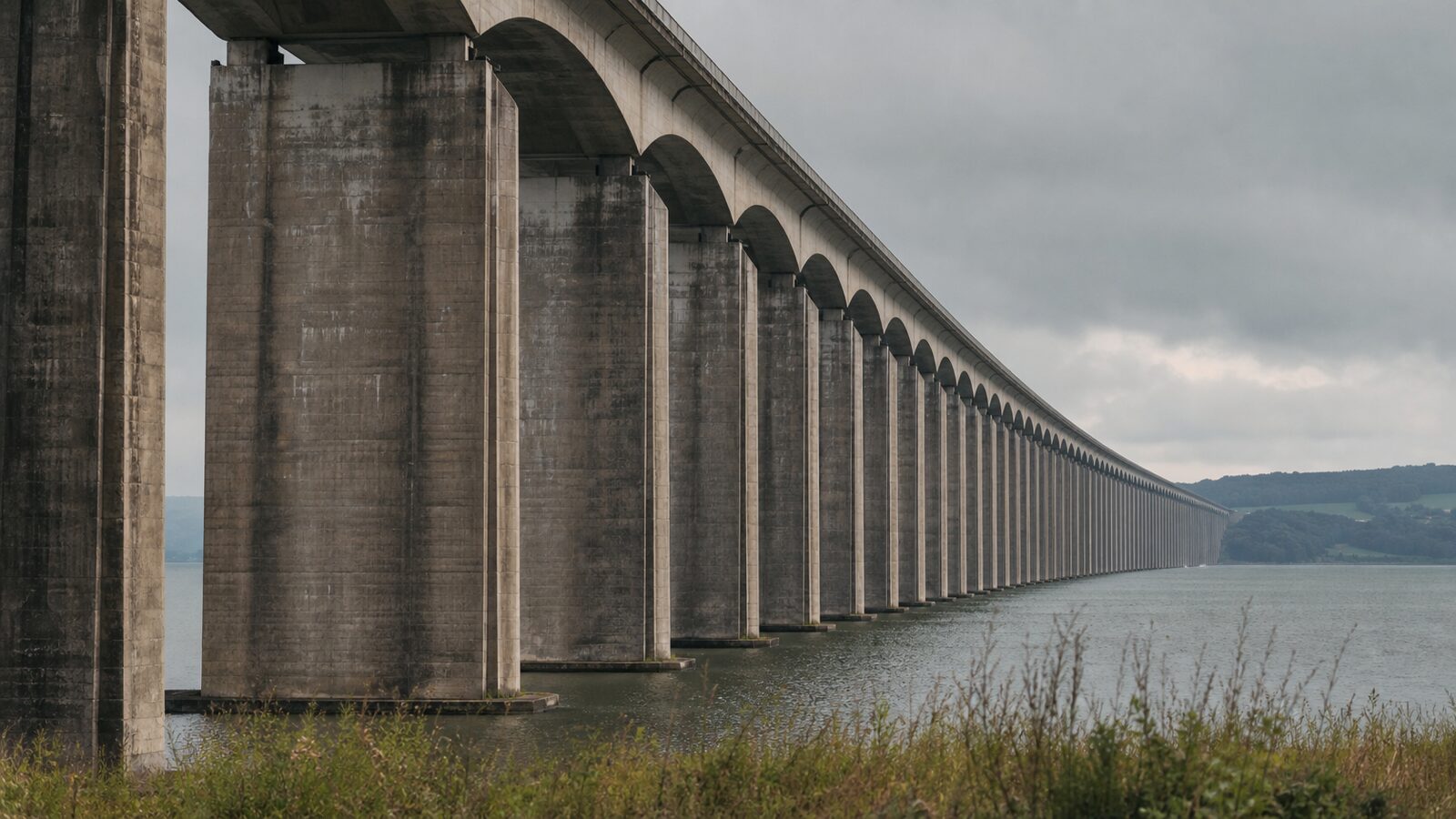 Weathered concrete bridge supports repeat across water into the distance.