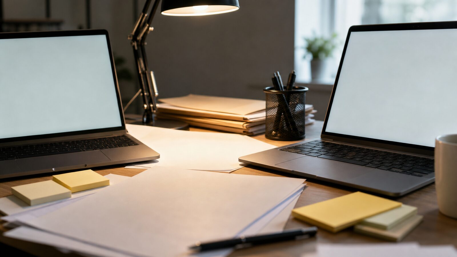 Two blank laptop screens, papers and folders set up for source verification