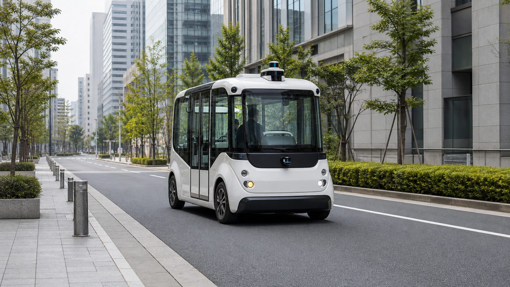 A compact autonomous shuttle moves through a Japanese urban test route with no visible branding.
