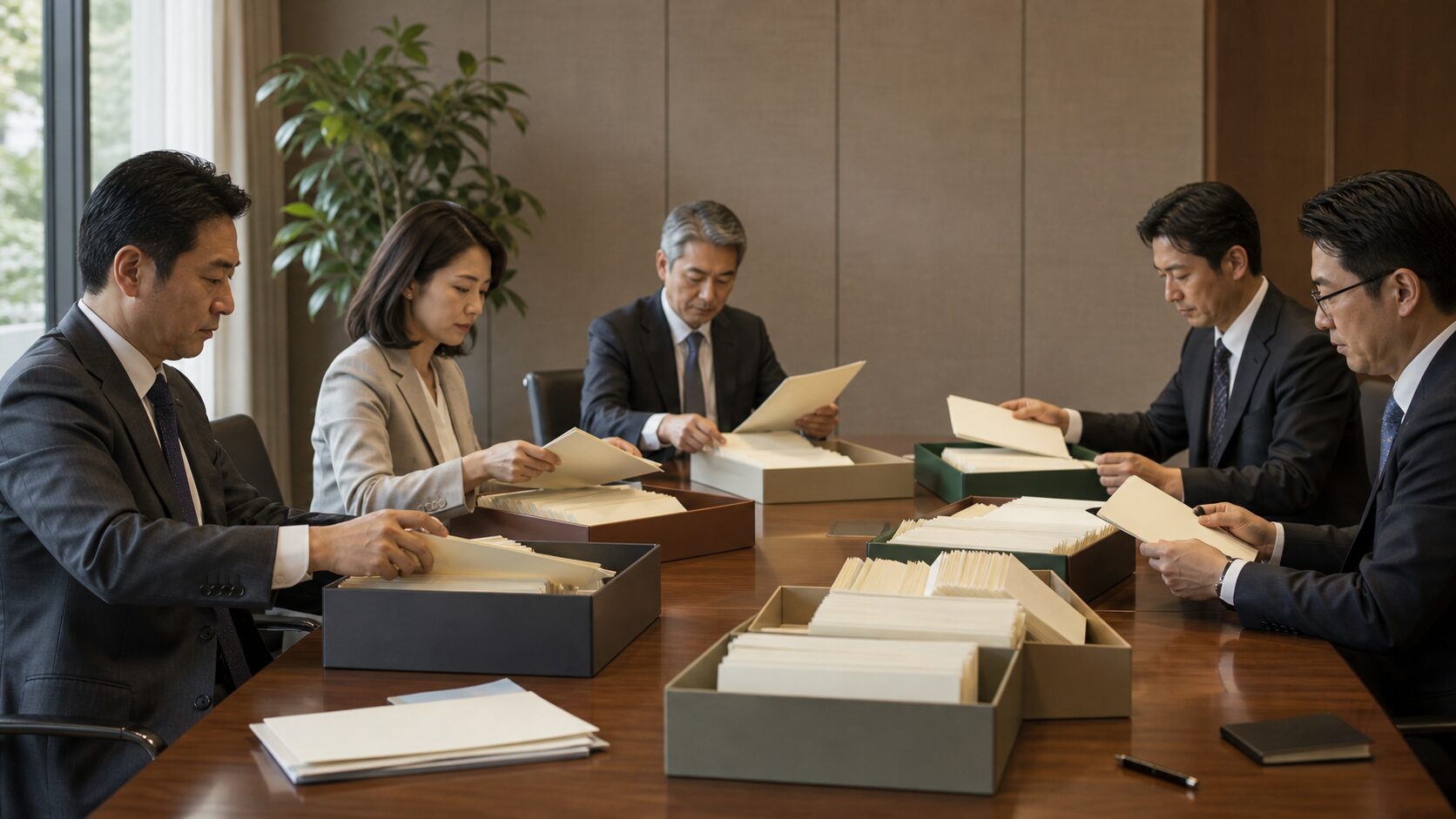A bank credit committee sorts anonymous blank borrower folders in a meeting room.
