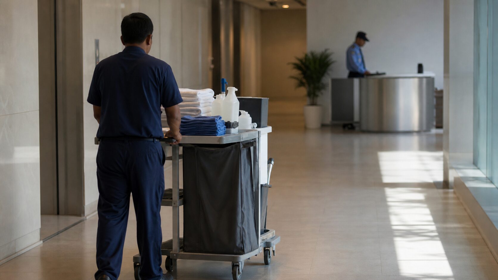 Office-building corridor with a maintenance cart, folded cloths, plain supply containers and a distant security desk.