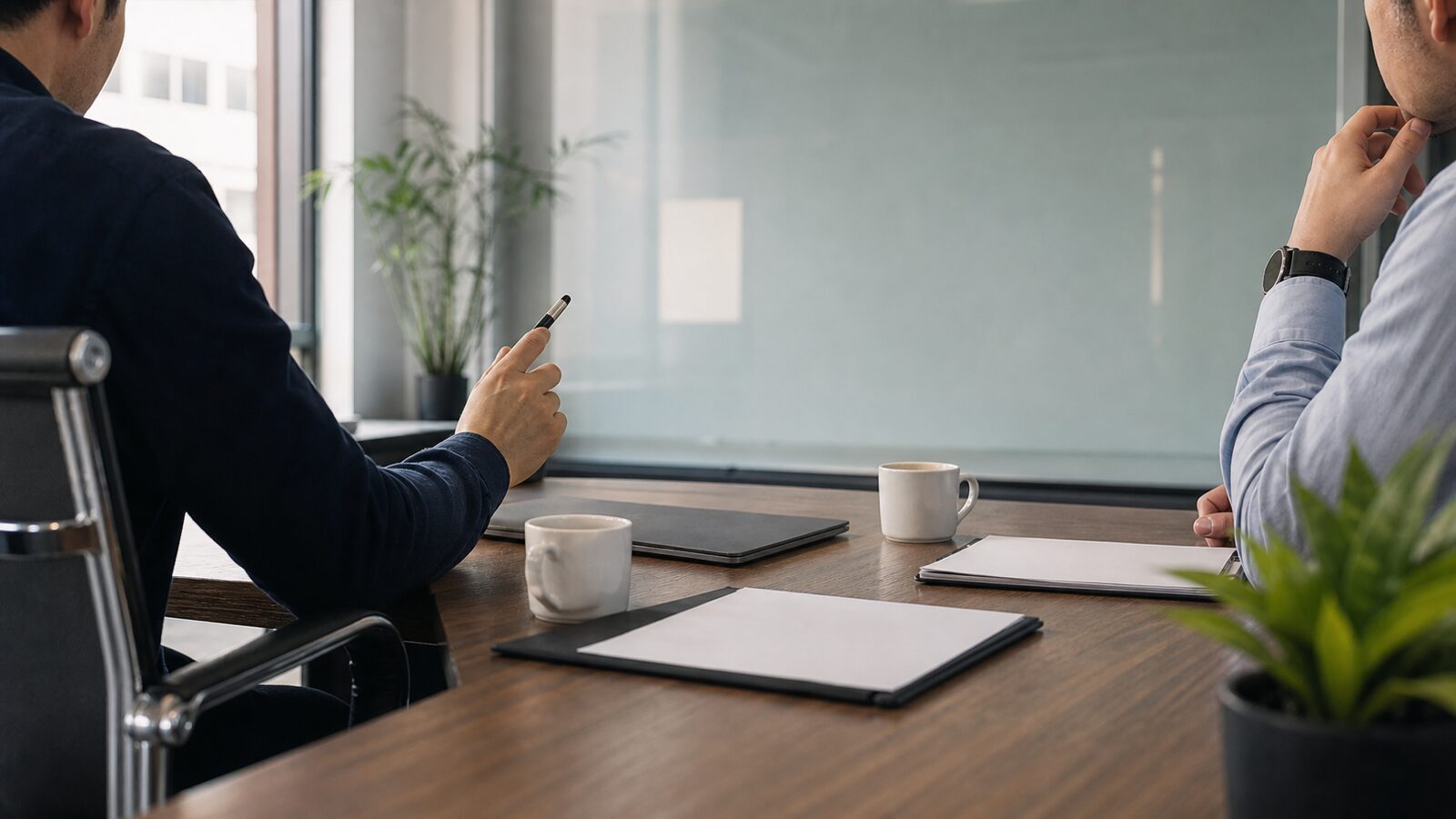 Two analysts in an unbranded meeting room with blank folders, closed laptops, coffee cups and an empty frosted-glass board.