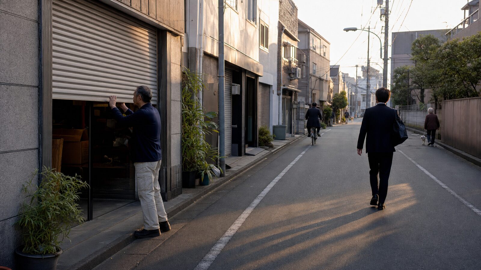 A shopkeeper raises a shutter as workers and residents begin a quiet neighborhood morning.