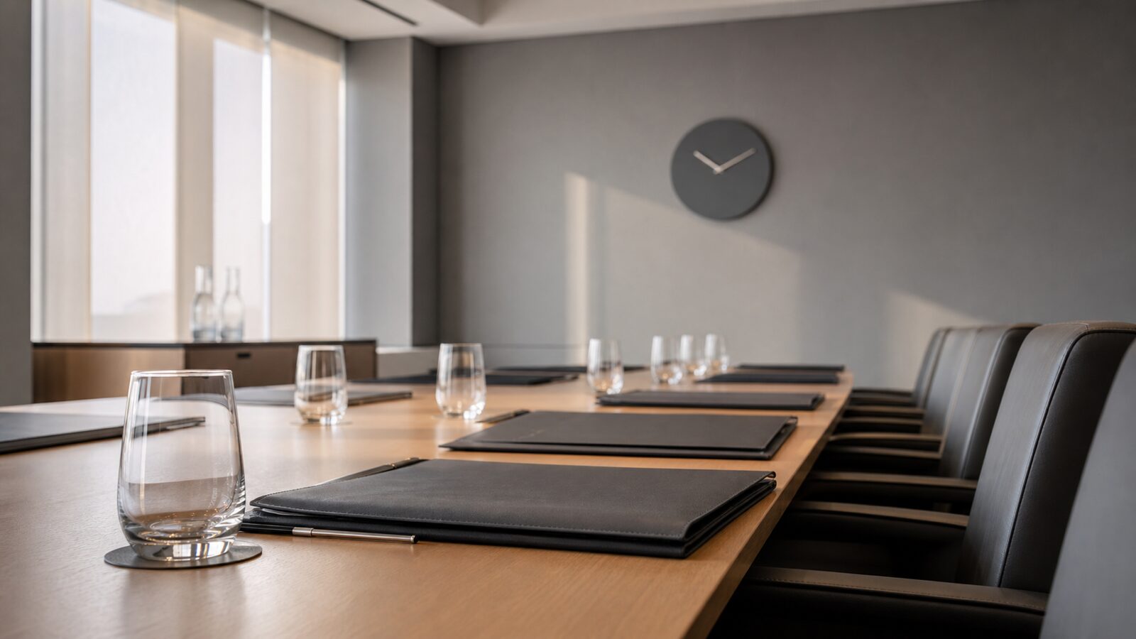 Quiet central-bank style meeting room with blank folders, water glasses and a wall clock in afternoon light.