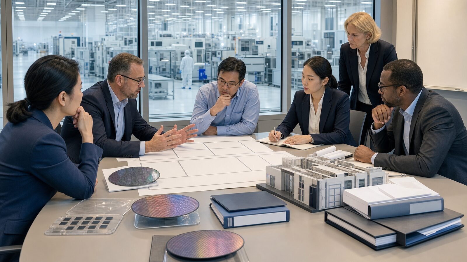 Executives and engineers review blank project timelines and wafer samples in a semiconductor meeting room.