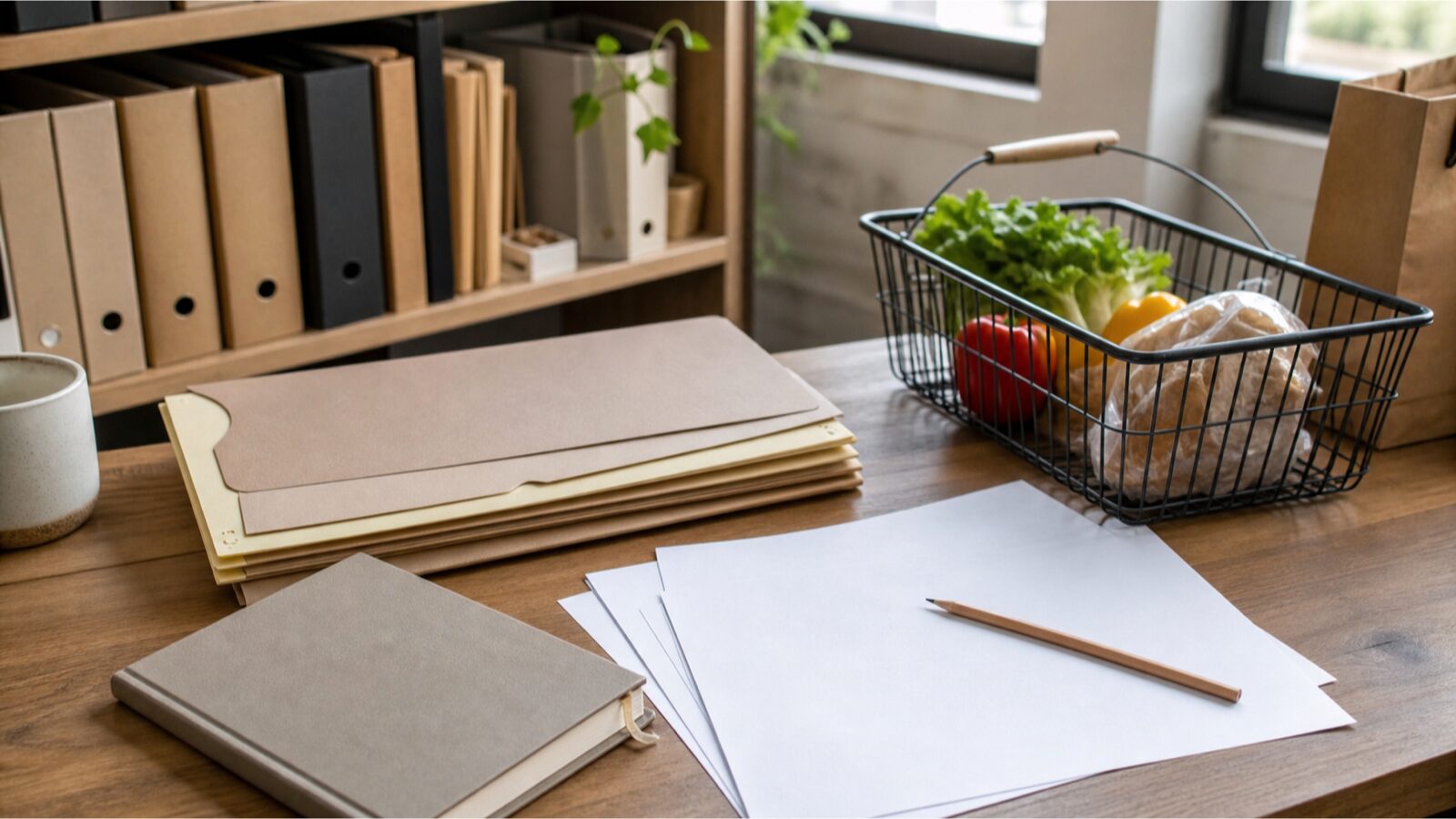 Retail manager's desk with blank margin papers, supplier folders and a small basket of groceries under soft office light.