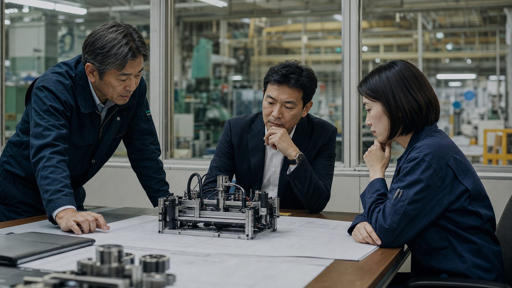 A manufacturing management team reviews an equipment plan and automation prototype.