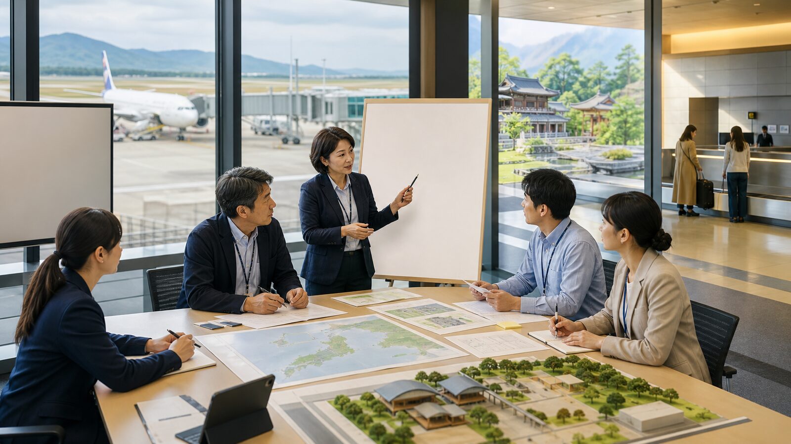 Tourism officials discuss blank infrastructure plans beside airport and regional destination views.