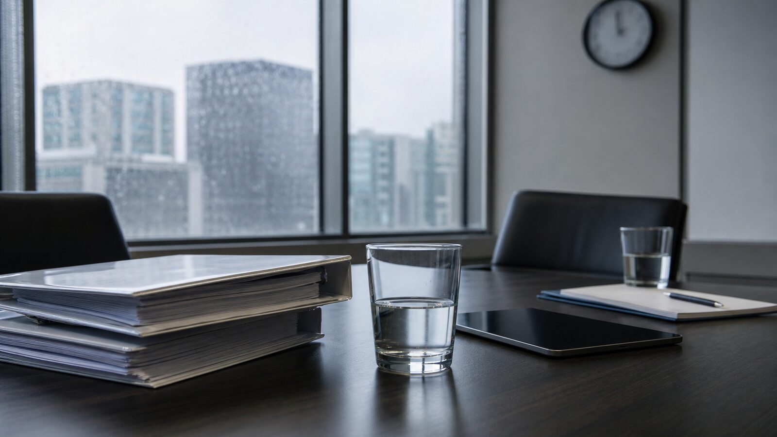 Empty conference room side table with blank binders, water glasses and a closed tablet near rainy windows.