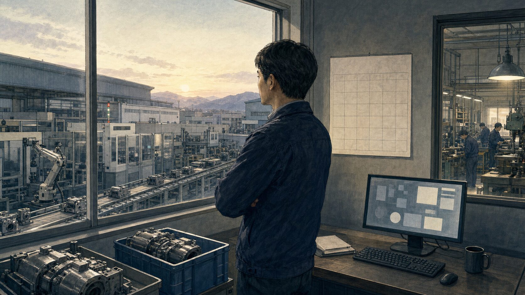 An analyst watches a factory floor while monitoring the next set of investment signals.