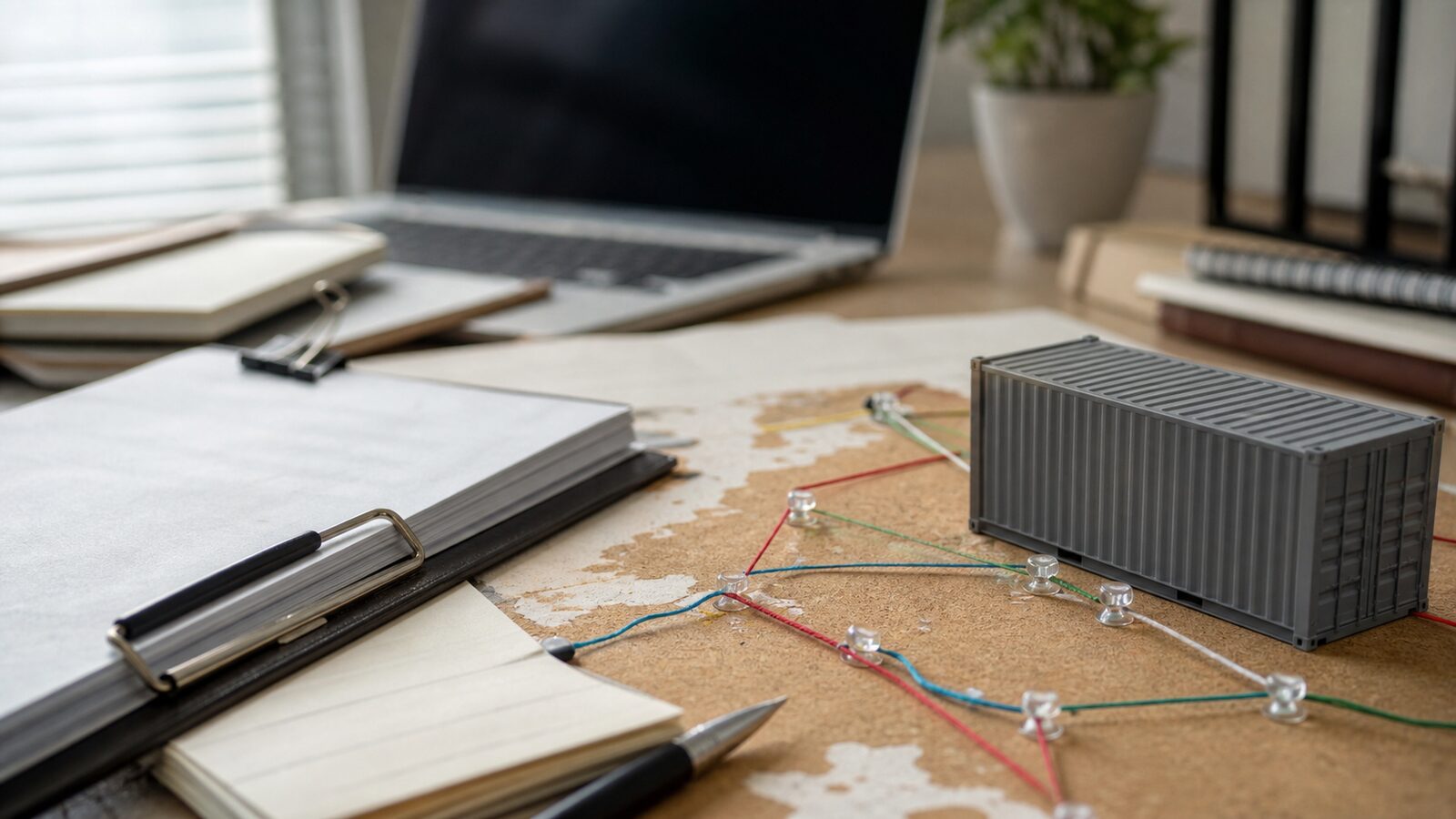 Unmarked logistics workspace with a model shipping container, blank papers and colored route strings on a cork surface.