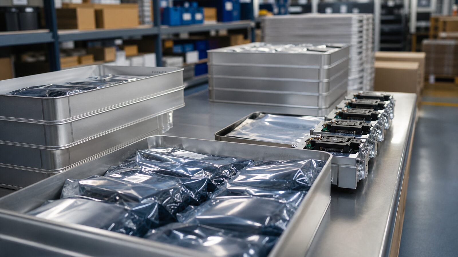 Unbranded industrial components and anti-static packaging arranged on a manufacturing shipping bench.